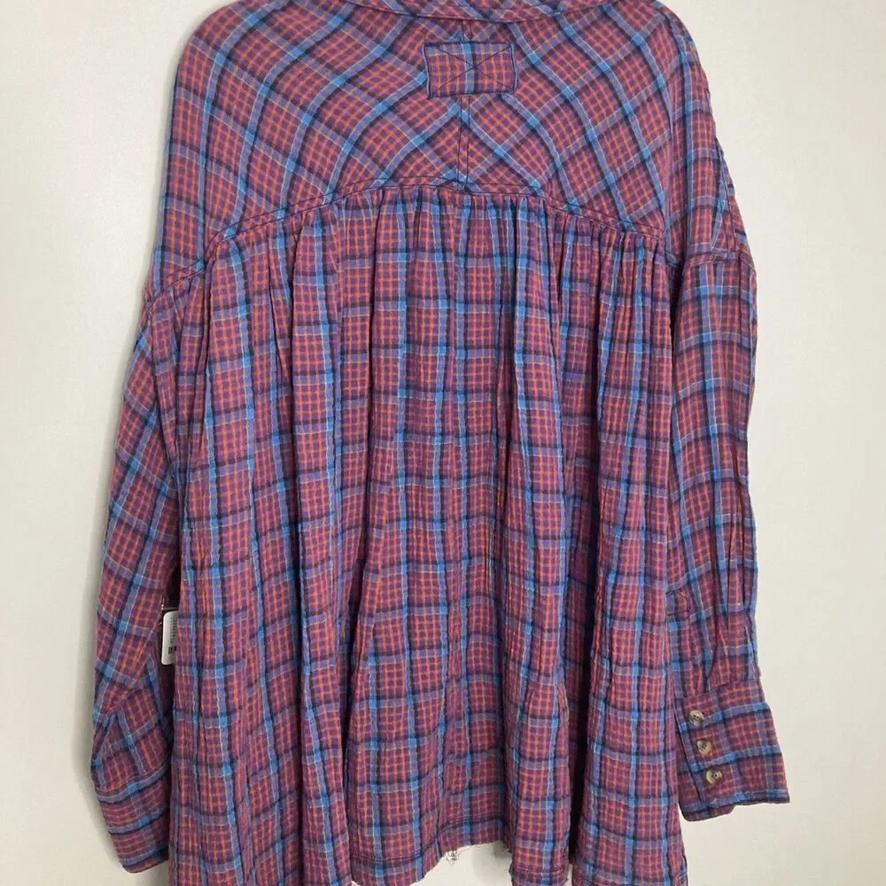 New Free People Oversized Bohemian Grunge Cardiff Plaid Swing Top Shirt Small